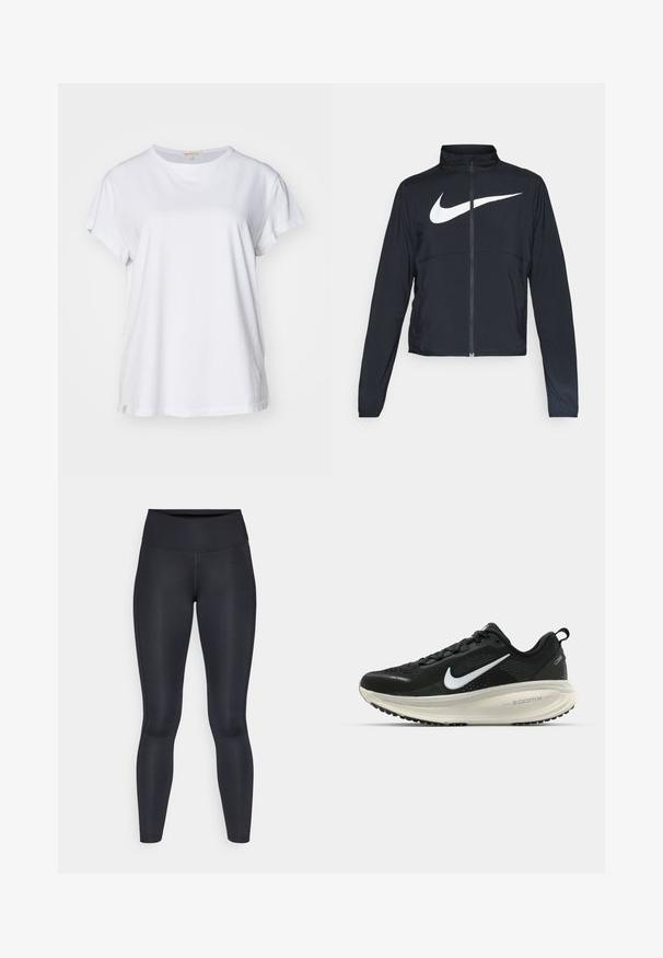 Juodas sportinis džemperis su visiškai užtraukiama užtrauktuku, aukšta apykakle, ilgomis rankovėmis ir dideliu baltu Nike swoosh logotipu per krūtinę.; Yogasearcher NAMASTE - Marškinėliai su spaudiniu - white; Juodos leggingos, pagamintos iš lygios, tamprios medžiagos. Aukštas liemuo, be matomų raštų ar akcentų. Tvirtai priglunda prie kūno nuo liemens iki kulkšnies.; Juodas Nike sportinis batelis su kvėpuojančiu tinklu, baltu swoosh logotipu, tekstūruoto dizaino detalėmis ir grietinėlės spalvos ZoomX viduriu.
