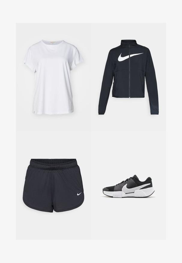 Fekete, teljes cipzáros sportdzseki magas gallérral, hosszú ujjal, amelyen egy nagy, fehér Nike logó található a mellkason.; Yogasearcher NAMASTE - Nyomott mintás póló - white; Fekete sport rövidnadrág elasztikus derékpánttal, sportos kialakítással és egy fehér Nike logóval az elején alul. Texturált anyag.; Fekete-fehér sportcipők texturált felsőrésszel, kiemelkedő Nike pipa logóval és kontrasztos talpdesigntal a jobb tapadás és stabilitás érdekében.