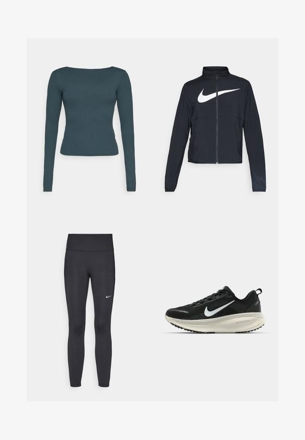 Zwarte sportjas met volledige rits, hoge kraag, lange mouwen en groot wit Nike swoosh-logo op de borst.; Langsleeve top in donker teal, met een ronde halslijn, slim fit en zachte, rekbare stof. Geen patronen of versieringen zichtbaar.; Zwarte legging van rekbare stof met een hoge tailleband en een wit Nike-logo op de linkerdij. Gladde textuur, aansluitend ontwerp.; Zwarte Nike hardloopschoen met ademend mesh bovenwerk, witte swoosh-logo, gestructureerde details en een crèmekleurige ZoomX middenzool.