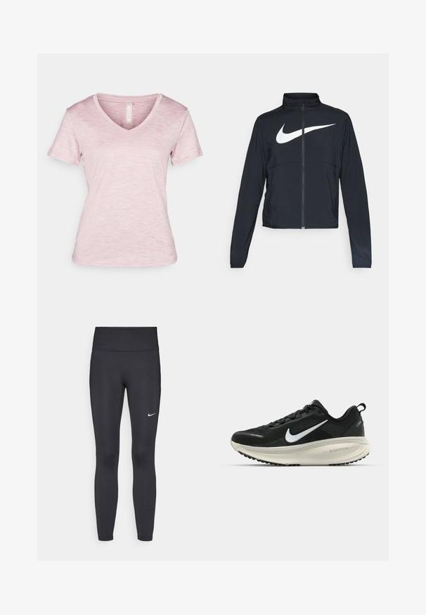 Giacca sportiva nera con zip completa, colletto alto, maniche lunghe e grande logo swoosh bianco Nike sul petto.; T-shirt a maniche corte con scollo a V di un rosa chiaro, con una texture melange, tessuto morbido e dettagli di orlo cuciti.; Leggings neri realizzati in tessuto elasticizzato, con una vita alta e un logo Nike bianco sulla coscia sinistra. Tessuto liscio, design aderente.; Scarpa da corsa nera Nike con tomaia in rete traspirante, logo Swoosh bianco, dettagli testurizzati e intersuola ZoomX di colore crema.
