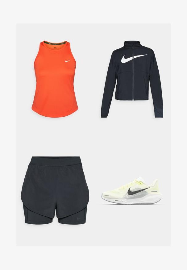 Zwarte sportjas met volledige rits, hoge kraag, lange mouwen en groot wit Nike swoosh-logo op de borst.; Oranje mouwloos sporttanktop van gladde stof, met een klein wit Nike-logo op de linkerborst en een ronde halslijn.; Zwarte sportshorts met een gelaagd ontwerp, voorzien van een gladde buitenlaag en aansluitende binnen shorts. Gemaakt van lichtgewicht, rekbare stof.; Nike hardloopschoenen met een lichtgele en witte mesh bovenkant, grijze accenten en een flexibele rubberen zool. Voorzien van een vetersluiting.