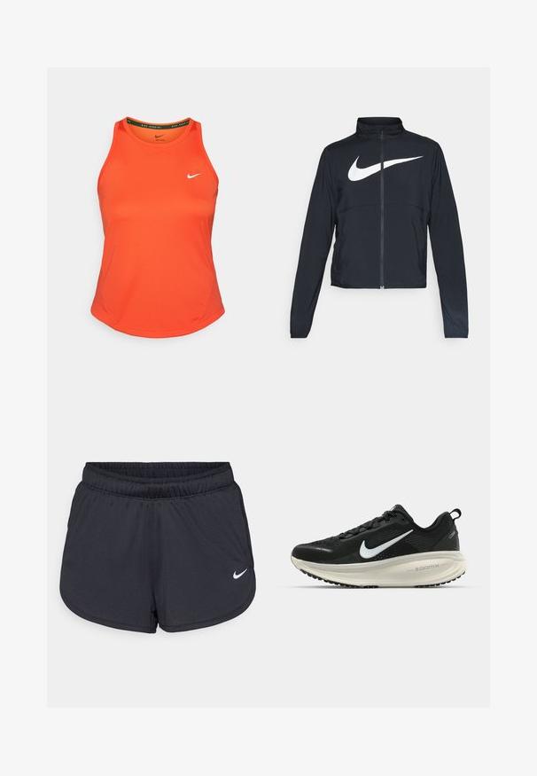 Juodas sportinis džemperis su visiškai užtraukiama užtrauktuku, aukšta apykakle, ilgomis rankovėmis ir dideliu baltu Nike swoosh logotipu per krūtinę.; Oranžinė be rankovių sportinė marškinėlių palaidinė, pagaminta iš lygaus audinio, su mažu baltu Nike logotipu kairėje krūtinės pusėje ir apvaliu kaklu.; Juodi sportiniai šortai iš orui laidžios medžiagos, su elastine juosmens juosta ir baltu Nike logotipu apatiniame dešiniajame šone.; Juodas Nike sportinis batelis su kvėpuojančiu tinklu, baltu swoosh logotipu, tekstūruoto dizaino detalėmis ir grietinėlės spalvos ZoomX viduriu.