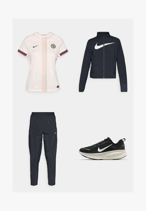 Czarna bluza sportowa na zamek błyskawiczny z wysokim kołnierzem, długimi rękawami i dużym białym logo Nike na klatce piersiowej.; Jasna kremowa koszulka piłkarska z okrągłym dekoltem, krótkimi rękawami, logo Chelsea FC, zielono-czerwonymi akcentami oraz szczegółami w pionowy wzór.; Czarne spodenki sportowe z elastycznym pasem, zwężanymi nogawkami i małym białym logo na lewej udzie. Lekki, gładki materiał.; Czarna biegowa półbut z oddychającej siateczki, białym logo swoosh, teksturowanymi detalami oraz kremową podeszwą środkową ZoomX.