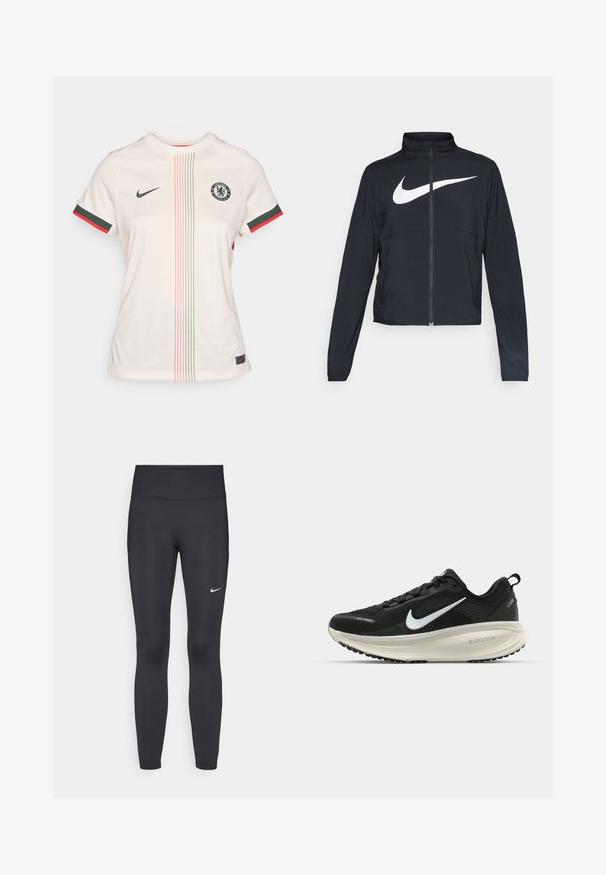 Melnā sporta jaka ar pilnu rāvējslēdzēju, augstu apkakli, garām piedurknēm un lielu baltu Nike swoosh logotipu krūšu daļā.; Gaiši krēmkrāsas futbola krekls ar apaļu kakla izgriezumu, īsām piedurknēm, Čelsi FC logo, zaļām un sarkanām akcentu svītrām un vertikāliem raksta elementiem.; Melnas legingi, izgatavoti no elastīga auduma, ar augstu jostu un baltu Nike logotipu kreisajā augšstilbā. Gluda tekstūra, piegulošs dizains.; Melnas Nike skriešanas kurpes ar elpojošu acs augšdaļu, baltu Swoosh logotipu, strukturētu apdari un krēmkrāsas ZoomX starpsole.