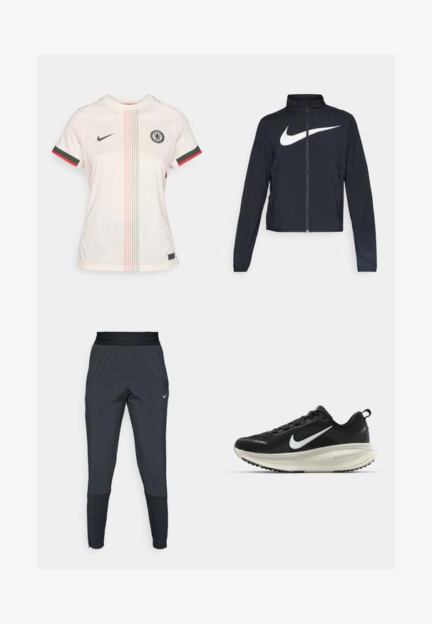 Czarna bluza sportowa na zamek błyskawiczny z wysokim kołnierzem, długimi rękawami i dużym białym logo Nike na klatce piersiowej.; Jasna kremowa koszulka piłkarska z okrągłym dekoltem, krótkimi rękawami, logo Chelsea FC, zielono-czerwonymi akcentami oraz szczegółami w pionowy wzór.; Spodnie sportowe Nike w ciemnoszarym kolorze, z tapered leg design, elastycznym paskiem w talii oraz akcentami przy nogawkach.; Czarna biegowa półbut z oddychającej siateczki, białym logo swoosh, teksturowanymi detalami oraz kremową podeszwą środkową ZoomX.