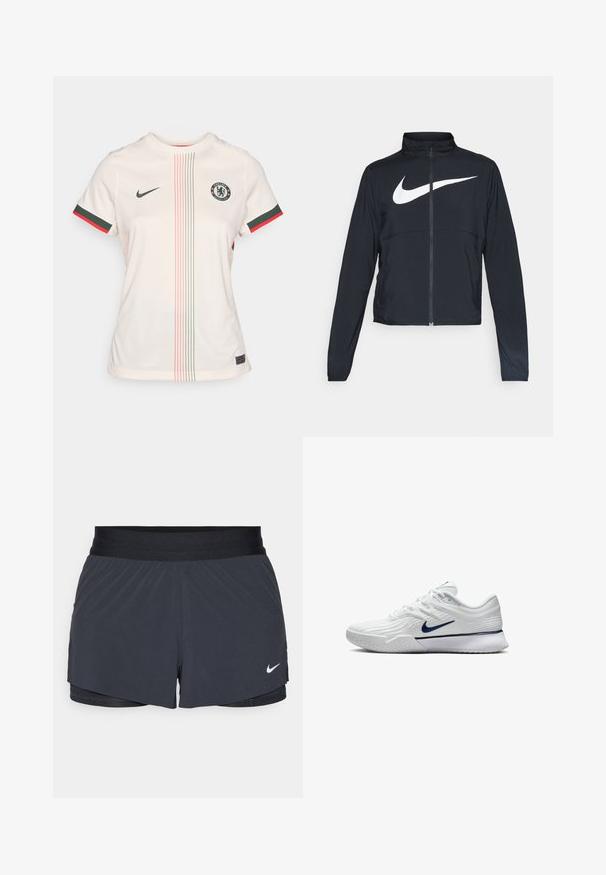 Chaqueta deportiva negra de cremallera completa con cuello alto, mangas largas y gran logo de Nike en blanco en el pecho.; Camiseta de fútbol color crema claro con cuello redondo, mangas cortas, logo del Chelsea FC, franjas de acento verdes y rojas, y detalles de patrón vertical.; Shorts deportivos negros con cintura elástica, que presentan un diseño en capas y un pequeño logo blanco de Nike en la parte inferior izquierda. Material ligero.; Zapatilla deportiva blanca con parte superior de malla texturizada, acentos en azul marino y una suela acolchada con un agarre con patrón. Cordones integrados en el diseño.