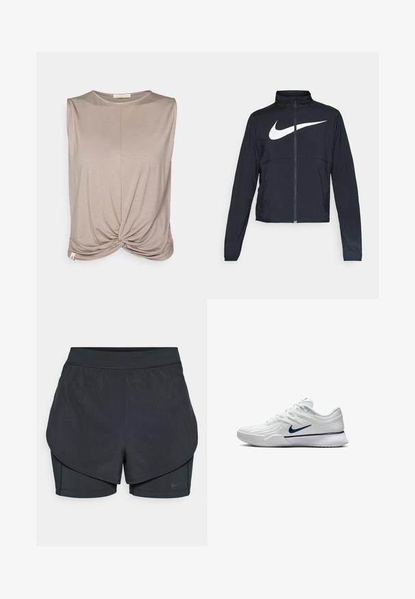 Veste de sport noire zippée sur toute la longueur avec un col haut, des manches longues et un grand logo Nike swoosh blanc sur la poitrine.; Yogasearcher TWISTED - Débardeur - cacao; Shorts de sport noirs avec un design superposé, présentant une couche extérieure lisse et des shorts intérieurs ajustés. Fabriqués en tissu léger et extensible.; Baskets de sport blanches avec une tige en maille texturée, des accents bleu marine et une semelle rembourrée avec un grip à motifs. Lacets intégrés au design.