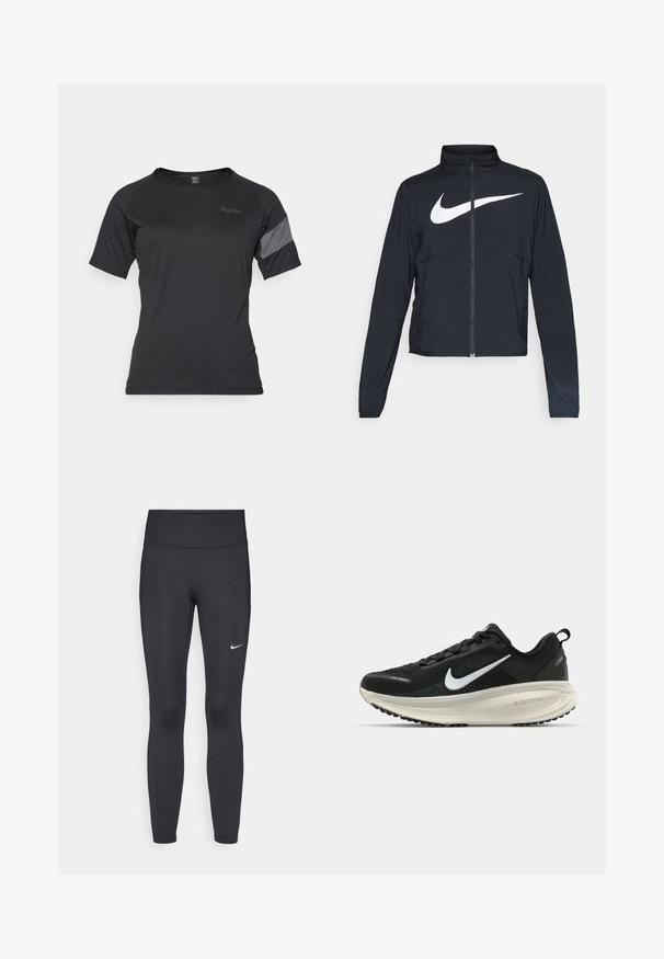 Juodas sportinis džemperis su visiškai užtraukiama užtrauktuku, aukšta apykakle, ilgomis rankovėmis ir dideliu baltu Nike swoosh logotipu per krūtinę.; Juodas trumpomis rankovėmis sportinis marškinėliai, pagaminti iš drėgmę šalinančios medžiagos, su tekstūruotu pilku akcentu ant peties ir subtiliu prekės ženklu.; Juodi leggingai iš elastingos medžiagos, turintys aukštą juosmenį ir baltą Nike logotipą kairėje šlaunyje. Lygus paviršius, prigludusi dizainas.; Juodas Nike sportinis batelis su kvėpuojančiu tinklu, baltu swoosh logotipu, tekstūruoto dizaino detalėmis ir grietinėlės spalvos ZoomX viduriu.