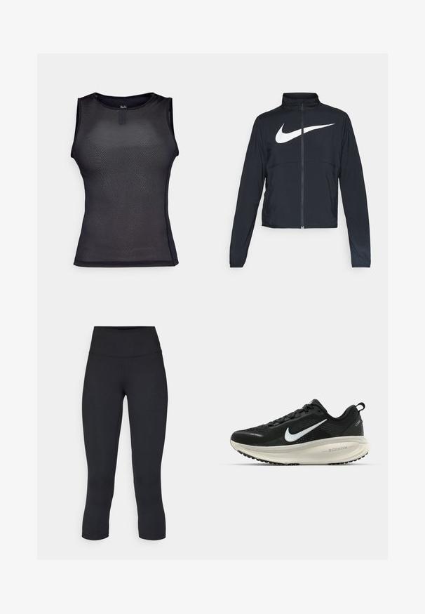 Veste de sport noire zippée sur toute la longueur avec un col haut, des manches longues et un grand logo Nike swoosh blanc sur la poitrine.; Haut de performance sans manches noir en tissu en maille texturée. Présente un col arrondi, une coupe ajustée et des détails de couture minimaux.; Leggings noirs coupés en tissu extensible, avec une taille haute et une texture lisse, sans motifs ni éléments visibles.; Baskets de course noir Nike avec tige respirante en mesh, logo swoosh blanc, détails texturés et semelle intermédiaire ZoomX de couleur crème.
