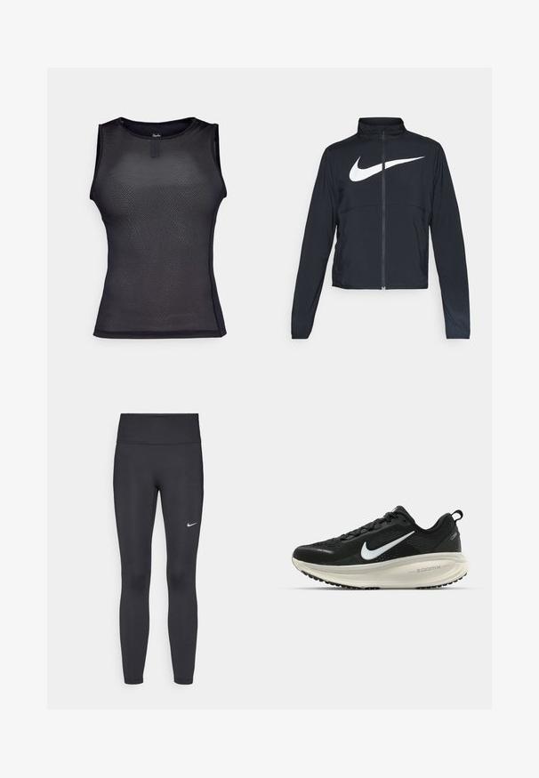 Schwarze Sportjacke mit vollem Reißverschluss, hohem Kragen, langen Ärmeln und großem weißen Nike-Swoosh-Logo auf der Brust.; Schwarzes ärmelloses Performance-Top aus strukturiertem Netzmaterial. Verfügt über einen runden Hals, ein eng anliegendes Design und minimale Nähte.; Schwarze Leggings aus elastischem Stoff, mit einem hohen Bund und einem weißen Nike-Logo auf dem linken Oberschenkel. Glatte Textur, figurbetontes Design.; Schwarzer Nike-Laufschuh mit atmungsaktivem Mesh-Obermaterial, weißem Swoosh-Logo, strukturierten Details und einer cremefarbenen ZoomX-Zwischensohle.