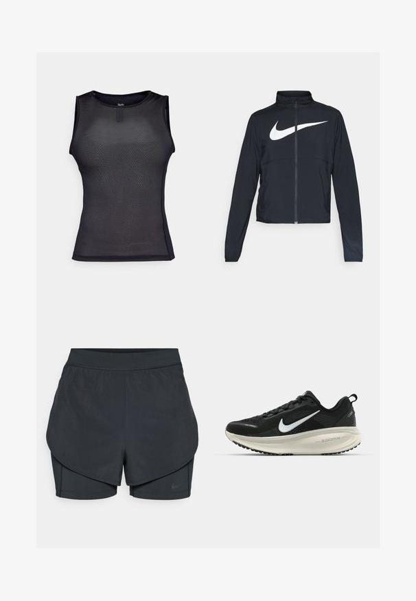 Melnā sporta jaka ar pilnu rāvējslēdzēju, augstu apkakli, garām piedurknēm un lielu baltu Nike swoosh logotipu krūšu daļā.; Melnā bezpiedurkņu sporta krekls, kas izgatavots no teksturēta sieta auduma. Iespējas: noapaļota apkakle, pieguļošs dizains un minimālas šuvju detaļas.; Melnas sporta šortus ar slāņotu dizainu, kas ietver gludu ārējo slāni un pieguļošus iekšējos šortus. Izgatavoti no viegla, elastīga auduma.; Melnas Nike skriešanas kurpes ar elpojošu acs augšdaļu, baltu Swoosh logotipu, strukturētu apdari un krēmkrāsas ZoomX starpsole.