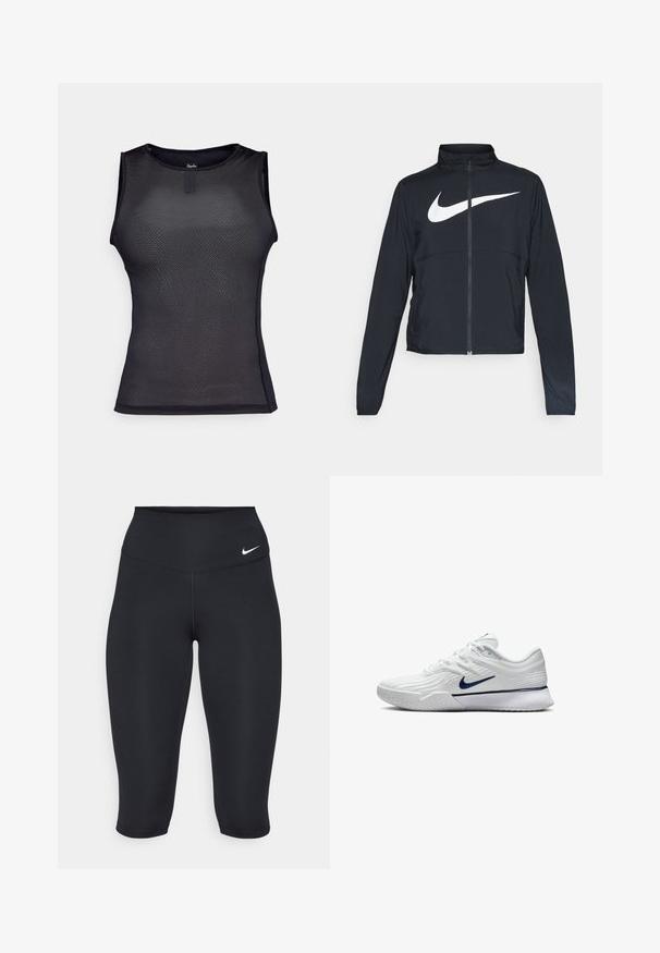 Zwarte sportjas met volledige rits, hoge kraag, lange mouwen en groot wit Nike swoosh-logo op de borst.; Zwarte mouwloze performance top van gestructureerde meshstof. Beschikt over een ronde hals, een slim fit ontwerp en minimale stikdetails.; Nike zwarte capri legging heeft een hoge tailleband, gladde stretchstof en een subtiele logo-detail aan de voorkant.; Witte sportschoen met een gestructureerde mesh bovenkant, marineblauwe accenten en een gevoerde zool met een gemusterde grip. Veters geïntegreerd in het ontwerp.