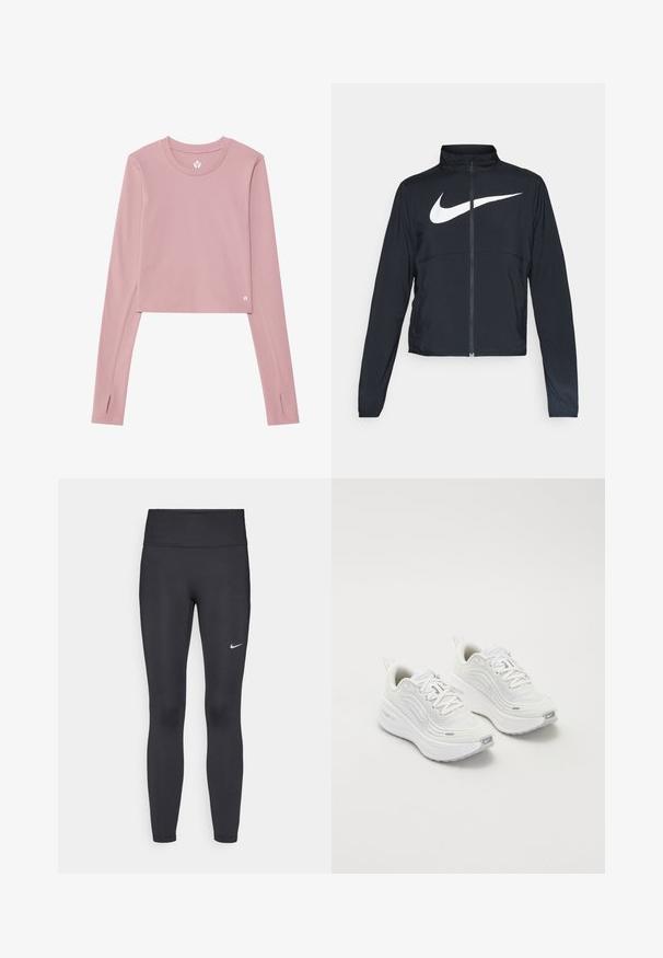 Črna športna jakna z polnim zadrgo, visokim ovratnikom, dolgimi rokavi in velikim belim logotipom Nike swoosh čez prsi.; Kratka bluza z dolgimi rokavi iz mehkega roza materiala; ima okroglo ovratnik, odprtine za palce na manšetah in majhen logotip na robu.; Črne legice iz elastične tkanine, z visokim pasom in belim Nike logo na levem stegnu. Gladka tekstura, oblikovno prilegajoč dizajn.; Bele športne čevlje z teksturirano mrežasto zgornjico, oblazinjeno podplatom in subtilnimi sivimi detajli. Vključujejo blagovno znamko in zanko na peti za enostavno obuvanje.