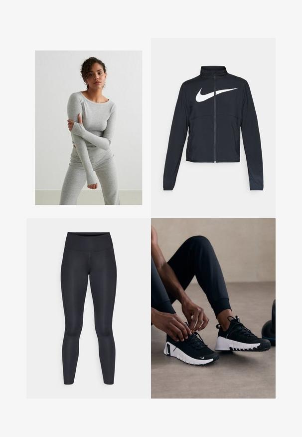 Black full-zip sports jacket with high collar, long sleeves, and large white Nike swoosh logo across the chest.; Gray long-sleeve top and matching leggings made of ribbed texture fabric, featuring thumbholes and a round neckline, on a plain background.; Black leggings made of smooth, stretchy fabric. High waist with no visible patterns or accents. Fit closely from waist to ankles.; Black athletic shoes with a textured black upper, white sole, and rubber tread. Laces are tied, showing a sleek design and logo.
