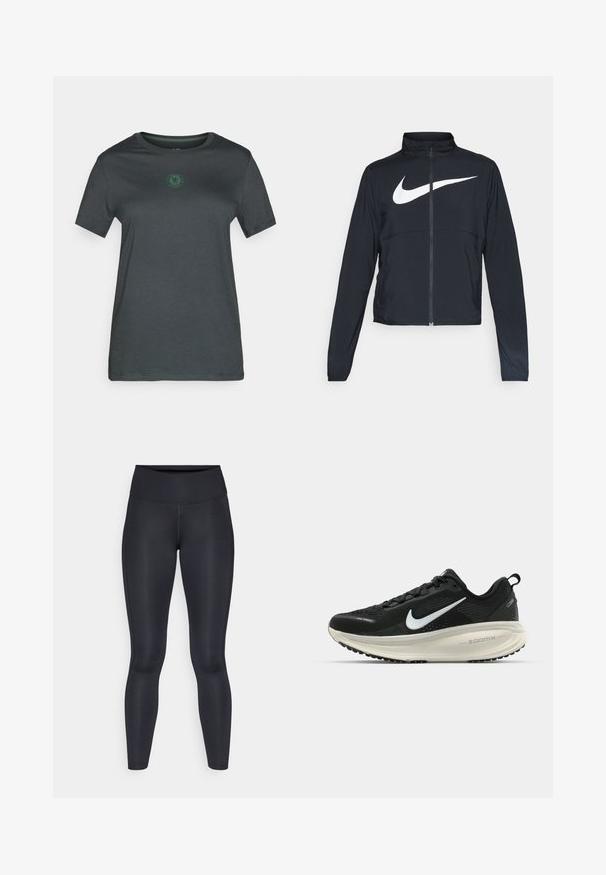 Crna sportska jakna s punim patentnim zatvaračem, visokim ovratnikom, dugim rukavima i velikim bijelim Nike swoosh logom preko grudi.; Tamno siva majica kratkih rukava od mekog materijala, s zelenim logotipom u središtu, s okruglim izrezom i ravnim donjim rubom.; Crne tajice izrađene od glatkog, rastezljivog materijala. Visok struk bez vidljivih uzoraka ili akcenta. Tjesno pristaju od struka do gležnjeva.; Crne Nike trkačke tenisice s prozračnom mrežastom gornjom konstrukcijom, bijelim swoosh logotipom, teksturiranim detaljima i kremastom ZoomX srednjom potplatnom jedinicom.