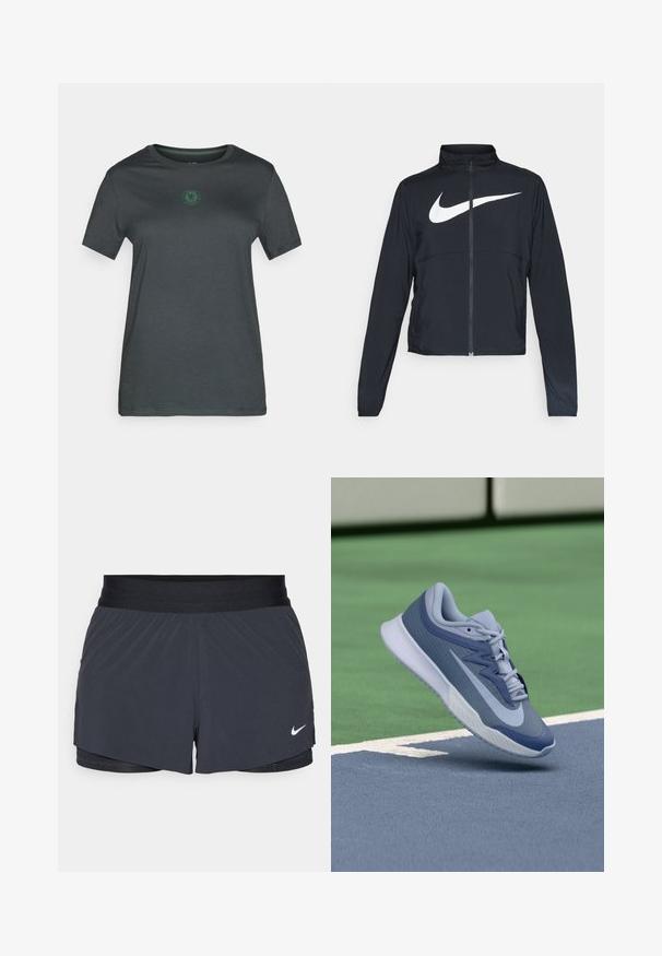 Čierna športová bunda na zips s vysokým golierom, dlhými rukávmi a veľkým bielym logom Nike na hrudi.; Tmavohnedé tričko s krátkym rukávom vyrobené z mäkkej tkaniny, so zeleným logom v strede, s okrúhlym výstrihom a rovnými okrajmi.; Čierne športové šortky s elastickým pásom, ktoré majú vrstvený dizajn a malú bielu aplikáciu loga Nike v dolnom ľavom rohu. Ľahký materiál.; Športové tenisky v svetlomodrej a námorníckej farebnej kombinácii, s textúrovaným zvrškom, plochými šnúrkami a ľahkou bielou podrážkou. Vyvýšené nad povrchom ihriska.