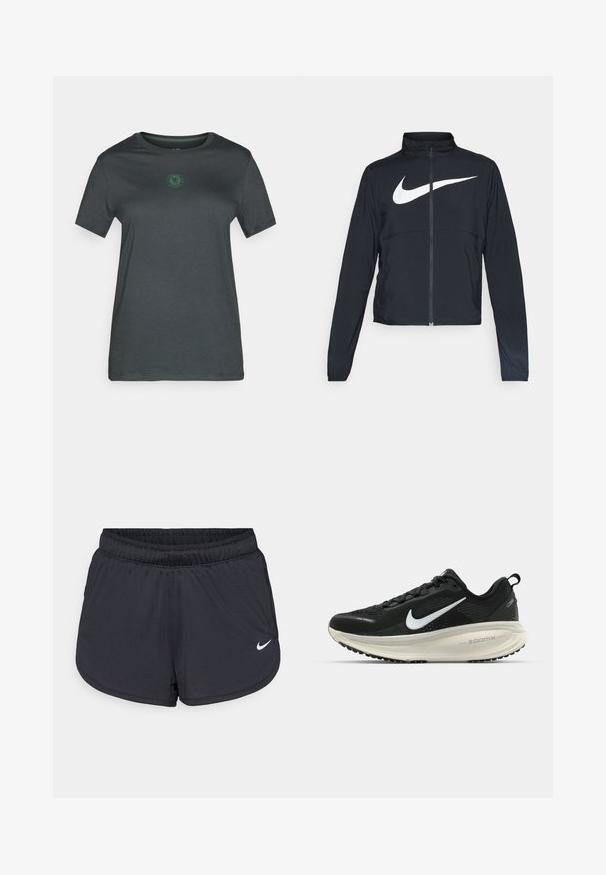 Chaqueta deportiva negra de cremallera completa con cuello alto, mangas largas y gran logo de Nike en blanco en el pecho.; Camiseta de manga corta gris oscuro, hecha de un tejido suave, con un logo verde en el centro, cuello redondo y dobladillo recto.; Pantalones cortos deportivos negros con una cintura elástica, presentan un diseño deportivo y un logo blanco de Nike en la parte inferior del frente. Tejido texturizado.; Zapatilla de running Nike negra con parte superior de malla transpirable, logo Swoosh blanco, detalles texturizados y una entresuela ZoomX de color crema.