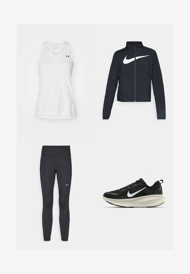 Svart joggebund med hel glidelås, høy krage, lange ermer og stort hvitt Nike swoosh-logo over brystet.; Hvit sports tank topp laget av pustende mesh-stoff. Har rund hals og racerback-design. Inkluderer en liten svart logo på brystet.; Sorte leggings laget av elastisk stoff, med høy livlinje og en hvit Nike-logo på venstre lår. Glatt tekstur, kroppsnær passform.; Svart Nike løpesko med pustende mesh-overdel, hvit swoosh-logo, teksturert detaljer og en kremfarget ZoomX mellomsåle.