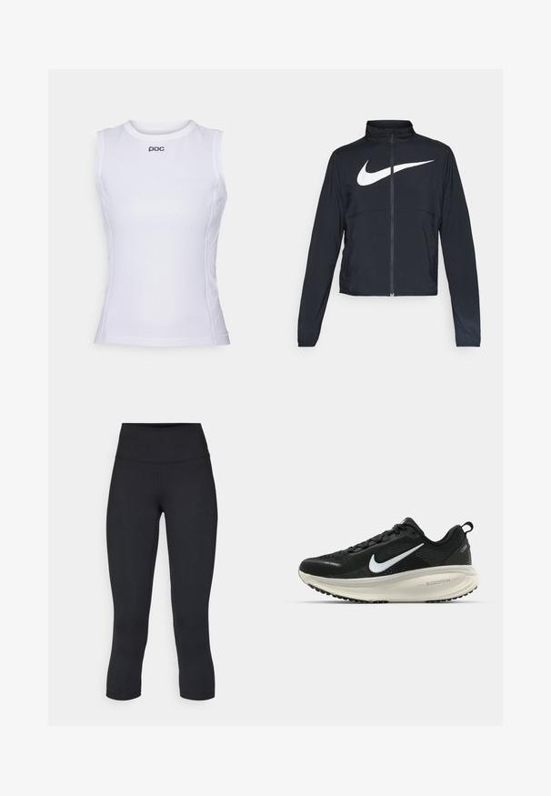 Black full-zip sports jacket with high collar, long sleeves, and large white Nike swoosh logo across the chest.; White sleeveless athletic shirt made of textured mesh material. Features a round neckline and a small logo on the front.; Black cropped leggings made of stretchy fabric, featuring a high waistband and smooth texture, with no visible patterns or hardware.; Black Nike running shoe with breathable mesh upper, white swoosh logo, textured detailing, and a cream-colored ZoomX midsole.