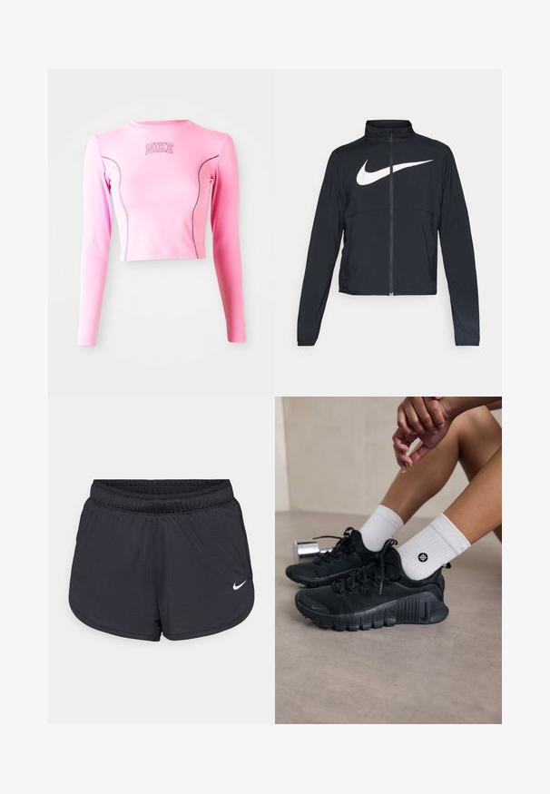 Black full-zip sports jacket with high collar, long sleeves, and large white Nike swoosh logo across the chest.; Pink long-sleeve crop top made from stretchy fabric. Features a round neckline and contrasting stitching. Nike logo is embroidered on the chest.; Black athletic shorts with an elastic waistband, featuring a sporty design and a white Nike logo on the lower front. Textured fabric.; Black athletic shoes with textured fabric, laced design, and a prominent sole, paired with white ribbed socks featuring a small logo.
