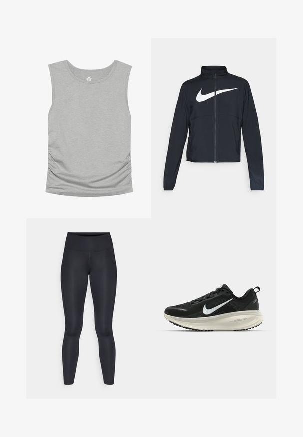 Giacca sportiva nera con zip completa, colletto alto, maniche lunghe e grande logo swoosh bianco Nike sul petto.; Top grigio chiaro senza maniche con scollo rotondo e dettaglio di arricciatura laterale, esposto su uno sfondo bianco.; Leggings neri realizzati in un tessuto liscio e elasticizzato. Vita alta senza motivi o dettagli visibili. Vestono aderenti dalla vita alle caviglie.; Scarpa da corsa nera Nike con tomaia in rete traspirante, logo Swoosh bianco, dettagli testurizzati e intersuola ZoomX di colore crema.