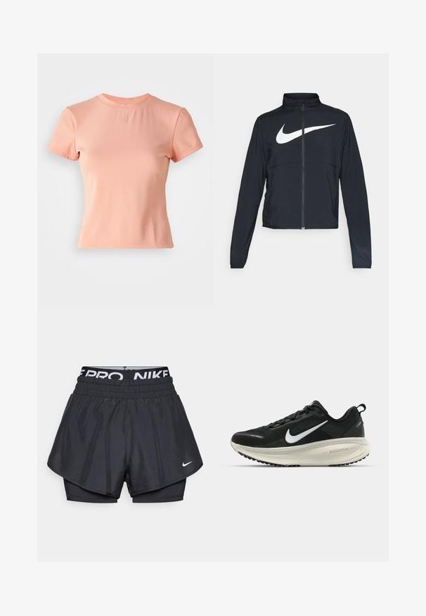Giacca sportiva nera con zip completa, colletto alto, maniche lunghe e grande logo swoosh bianco Nike sul petto.; T-shirt rosa chiaro a maniche corte realizzato in tessuto a coste. Caratterizzato da un collo rotondo e un piccolo logo in rilievo al centro.; Pantaloni athletic neri con design a strati, caratterizzati da uno strato esterno traspirante, cintura elastica con logo e un piccolo logo davanti.; Scarpa da corsa nera Nike con tomaia in rete traspirante, logo Swoosh bianco, dettagli testurizzati e intersuola ZoomX di colore crema.