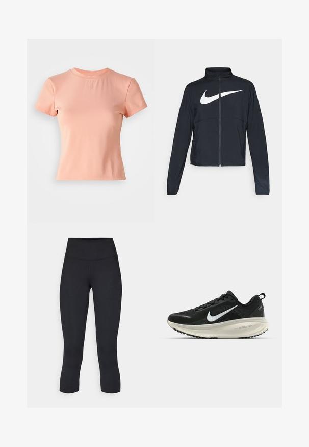 Czarna bluza sportowa na zamek błyskawiczny z wysokim kołnierzem, długimi rękawami i dużym białym logo Nike na klatce piersiowej.; Jasnoróżowy, krótki rękaw t-shirt z ryflowanej tkaniny. Posiada okrągły dekolt i małe wytłoczone logo na środku.; Czarne, krótkie legginsy wykonane z elastycznego materiału, z wysokim stanem i gładką strukturą, bez widocznych wzorów czy elementów metalowych.; Czarna biegowa półbut z oddychającej siateczki, białym logo swoosh, teksturowanymi detalami oraz kremową podeszwą środkową ZoomX.