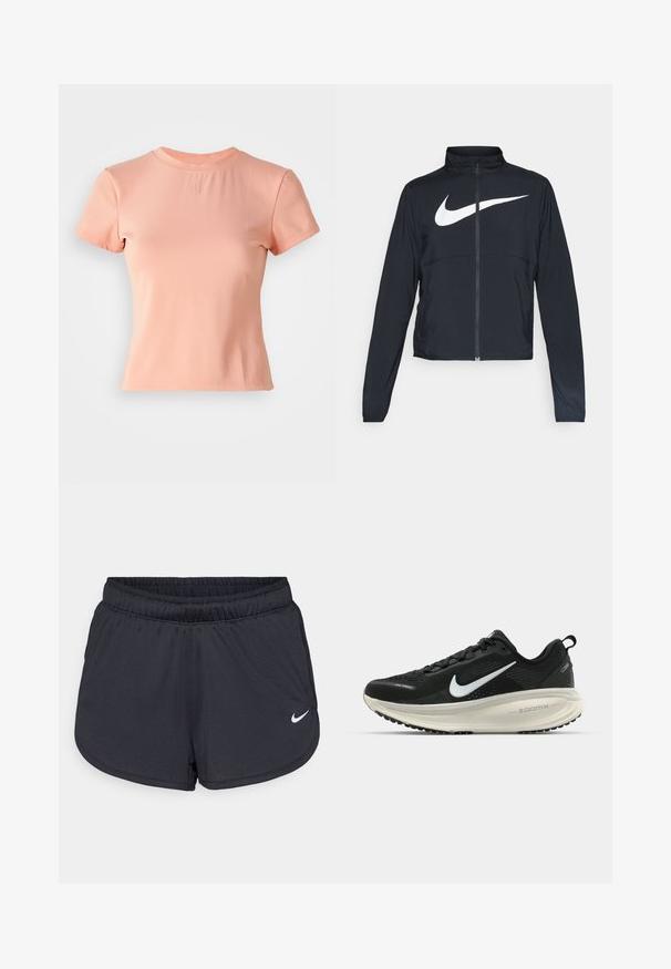 Černá sportovní bunda na zip s vysokým límcem, dlouhými rukávy a velkým bílým logem Nike swoosh přes prsa.; Světle růžové tričko s krátkým rukávem vyrobené z žebrované látky. Má kulatý výstřih a malé embosované logo uprostřed.; Černé sportovní šortky vyrobené z lehké, prodyšné látky. Obsahují elastický pás a bílé logo Nike na dolní pravé straně.; Černá běžecká obuv Nike s prodyšným síťovaným svrškem, bílým logem swoosh, texturovanými detaily a krémovou mezipodešví ZoomX.