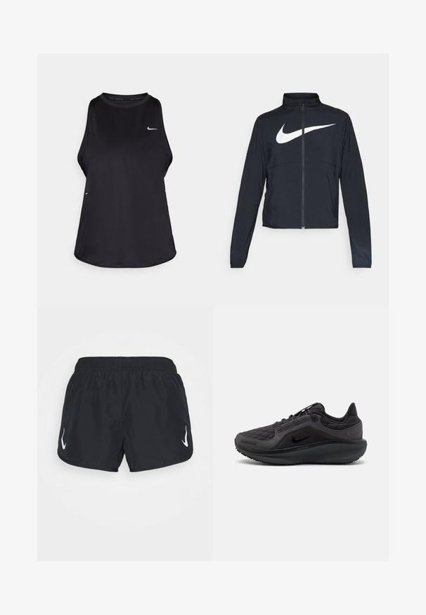 Juodas sportinis džemperis su visiškai užtraukiama užtrauktuku, aukšta apykakle, ilgomis rankovėmis ir dideliu baltu Nike swoosh logotipu per krūtinę.; Juodas be rankovių bėgimo marškinėliai, pagaminti iš lengvos medžiagos, su apvalia kaklo iškirpte; turi subtilų logotipą ir šoninius plyšius, kad būtų užtikrinta oro cirkuliacija.; Juodos sportinės šortai su elastinga juosta, dešinėje pusėje turintys baltą logotipą. Pagaminti iš lengvos, lygios medžiagos.; Juodas sportinis batas su siuvinėtu viršumi, tekstūruotomis detalėmis ir paminkštintu padu. Yra ryškus Nike logotipas ir patvari išorė.