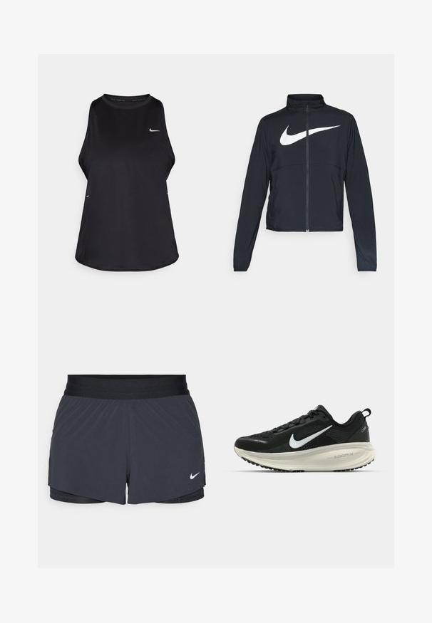 Giacca sportiva nera con zip completa, colletto alto, maniche lunghe e grande logo swoosh bianco Nike sul petto.; Canotta da corsa nera senza maniche realizzata in materiale leggero con collo rotondo; presenta un logo discreto e fessure laterali per la traspirabilità.; Pantaloni sportivi neri con vita elastica, caratterizzati da un design a strati e un piccolo logo Nike bianco in basso a sinistra. Materiale leggero.; Scarpa da corsa nera Nike con tomaia in rete traspirante, logo Swoosh bianco, dettagli testurizzati e intersuola ZoomX di colore crema.