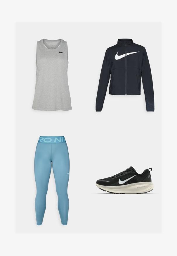 Črna športna jakna z polnim zadrgo, visokim ovratnikom, dolgimi rokavi in velikim belim logotipom Nike swoosh čez prsi.; Sivina atletska majica bez rukava, izdelana iz lahkotnega materiala. Ima okroglo ovratnik, brezrokavni dizajn in majhen črn logo na prsih.; Svetlo modre športne legice z gladko teksturo in visokim pasom, ki vsebujejo napis "PRO NIKE". Vključujejo majhen bel Nike znak.; Črne Nike tekaške čevlje z zračno mrežno zgornjim delom, belim logotipom Swoosh, teksturiranimi detajli in smetanasto barvnim srednjim delom ZoomX.
