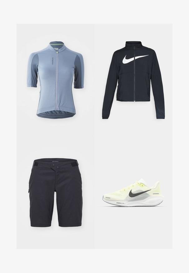 Veste de sport noire zippée sur toute la longueur avec un col haut, des manches longues et un grand logo Nike swoosh blanc sur la poitrine.; Maillot de cyclisme bleu clair à manches courtes, avec fermeture éclair à l'avant, panneaux en maille et ourlet texturé. Présente un branding subtil et des accents gris contrastants.; Shorts gris foncé en tissu léger. Dotés de deux boutons à la taille, d'une poche zippée sur le côté et d'une texture douce.; Baskets de course Nike avec une tige en mesh jaune clair et blanche, des accents gris et une semelle en caoutchouc flexible. Présentent un système de laçage.
