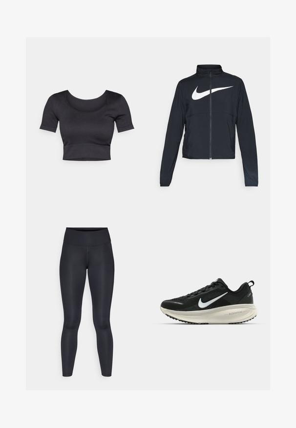 Schwarze Sportjacke mit vollem Reißverschluss, hohem Kragen, langen Ärmeln und großem weißen Nike-Swoosh-Logo auf der Brust.; Schwarzes, geripptes, kurzes Top mit kurzen Ärmeln, weitem Rundhalsausschnitt und einem enganliegenden Bund am unteren Ende. Weicher Stoff, lässiges Design.; Schwarze Leggings aus glattem, dehnbarem Stoff. Hoher Bund ohne sichtbare Muster oder Akzente. Enganliegend von der Taille bis zu den Knöcheln.; Schwarzer Nike-Laufschuh mit atmungsaktivem Mesh-Obermaterial, weißem Swoosh-Logo, strukturierten Details und einer cremefarbenen ZoomX-Zwischensohle.