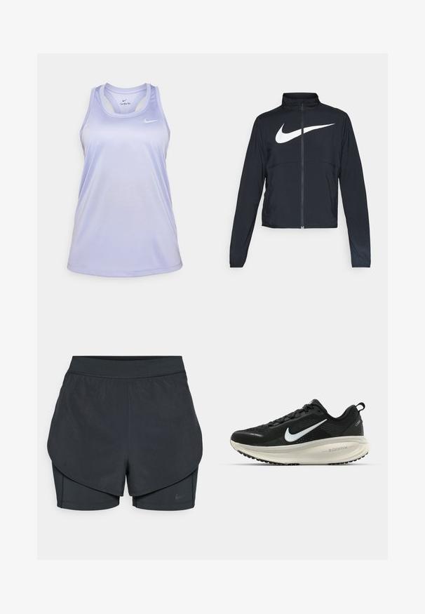 Fekete, teljes cipzáros sportdzseki magas gallérral, hosszú ujjal, amelyen egy nagy, fehér Nike logó található a mellkason.; Világoslila Nike ujjatlan felső, kerek nyakkivágással, vékony pántokkal és lélegző anyagból készült. Az elején egy Nike logó található.; Fekete sportnadrág réteges kialakítással, sima külső résszel és illeszkedő belső nadrággal. Könnyű, rugalmas anyagból készült.; Fekete Nike futócipő légáteresztő hálós felsőrésszel, fehér Swoosh logóval, textúrázott részletekkel és krém színű ZoomX középtalppal.