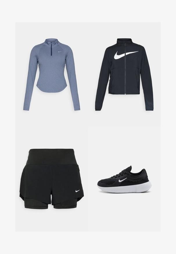 Zwarte sportjas met volledige rits, hoge kraag, lange mouwen en groot wit Nike swoosh-logo op de borst.; Langarm, ritssluiting sporttop van een gemeleerde blauwe stof met een verhoogde kraag en een subtiele Nike-logo op de linkerborst.; Zwarte sportshorts met een gelaagd ontwerp, bestaande uit een binnenbroek en een buitenoverlay, gemaakt van lichtgewicht, rekbaar materiaal.; Zwarte sportschoen met een bovenwerk van mesh, een gestructureerd ontwerp, ronde neus, witte rubberen zool en een Nike-logo aan de zijkant.