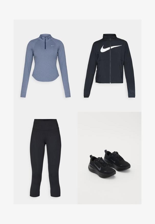 Czarna bluza sportowa na zamek błyskawiczny z wysokim kołnierzem, długimi rękawami i dużym białym logo Nike na klatce piersiowej.; Długi rękaw, sportowa bluzka na zamek w melanżowym niebieskim kolorze z półwysokim kołnierzem i subtelnym logo Nike na lewej piersi.; Czarne, krótkie legginsy wykonane z elastycznego materiału, z wysokim stanem i gładką strukturą, bez widocznych wzorów czy elementów metalowych.; Czarne buty sportowe z teksturowaną cholewką, sznurowanym zapięciem oraz grubą, amortyzującą podeszwą. Posiadają szare logo Nike po obu stronach.