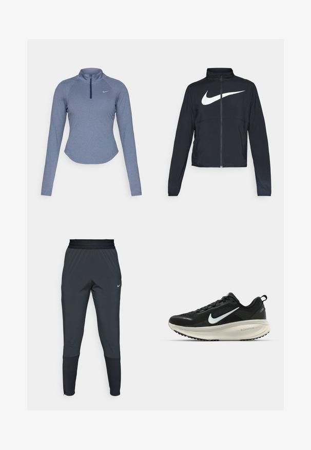 Juodas sportinis džemperis su visiškai užtraukiama užtrauktuku, aukšta apykakle, ilgomis rankovėmis ir dideliu baltu Nike swoosh logotipu per krūtinę.; Ilgų rankovių, užtrauktuku segamas sportinis džemperis, pagamintas iš melange mėlynos spalvos audinio, su apykakle ir subtiliu Nike logotipu kairėje krūtinės pusėje.; Nike sportiniai džinsai tamsiai pilkos spalvos, su siaurėjančio kirpimo dizainu, elastinga juosmens juosta ir akcentu detalėmis prie rankovių.; Juodas Nike sportinis batelis su kvėpuojančiu tinklu, baltu swoosh logotipu, tekstūruoto dizaino detalėmis ir grietinėlės spalvos ZoomX viduriu.