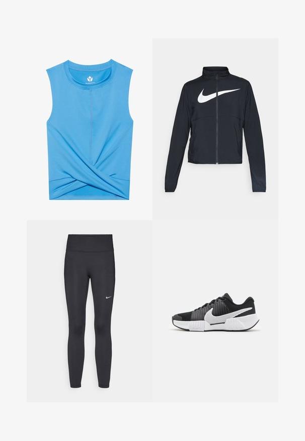 Fekete, teljes cipzáros sportdzseki magas gallérral, hosszú ujjal, amelyen egy nagy, fehér Nike logó található a mellkason.; Kék, ujjatlan, puha anyagból készült top, melynek alján csavarodott dizájn található, kör alakú nyakkivágása van, és sík varrásai a kényelmet szolgálják.; Fekete leggings elasztikus anyagból, magas derékkal és fehér Nike logóval a bal combon. Simább textúra, testhez álló kialakítás.; Fekete-fehér sportcipők texturált felsőrésszel, kiemelkedő Nike pipa logóval és kontrasztos talpdesigntal a jobb tapadás és stabilitás érdekében.