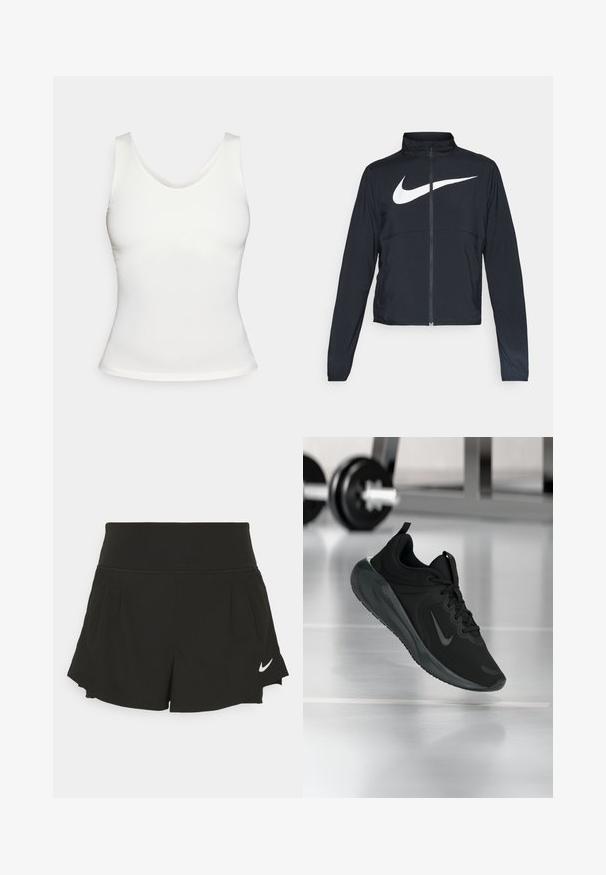 Veste de sport noire zippée sur toute la longueur avec un col haut, des manches longues et un grand logo Nike swoosh blanc sur la poitrine.; Débardeur ajusté sans manches blanc avec un col rond sur fond blanc.; Shorts de sport noirs avec une large taille, des détails plissés, un ourlet arrondi et un logo Nike blanc sur le coin inférieur droit.; Baskets de sport noires avec le logo Nike, montrées en l'air au-dessus d'un sol de gym, avec un rack de haltères flou en arrière-plan.