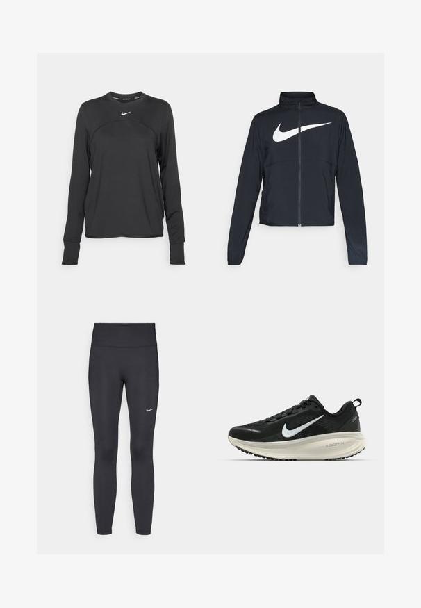 Schwarze Sportjacke mit vollem Reißverschluss, hohem Kragen, langen Ärmeln und großem weißen Nike-Swoosh-Logo auf der Brust.; Nike Performance SWIFT TOP - Langarmshirt - black/(reflective silv); Schwarze Leggings aus elastischem Stoff, mit einem hohen Bund und einem weißen Nike-Logo auf dem linken Oberschenkel. Glatte Textur, figurbetontes Design.; Schwarzer Nike-Laufschuh mit atmungsaktivem Mesh-Obermaterial, weißem Swoosh-Logo, strukturierten Details und einer cremefarbenen ZoomX-Zwischensohle.