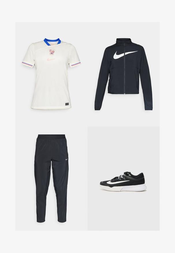 Črna športna jakna z polnim zadrgo, visokim ovratnikom, dolgimi rokavi in velikim belim logotipom Nike swoosh čez prsi.; Bela Nike majica z modrim ovratnikom. Ima grb petelina in subtilne oblikovne detajle. Vključuje rdeče in modre črte na zapestjih rokavov.; Črne športne hlače z elastičnim pasom, ožjimi hlačnicami in majhnim belim logotipom na levem stegnu. Lahka, gladka tkanina.; Črne športne čevlje z belimi poudarki, ki imajo teksturirano zgornje plast, okroglo konico, ravne vezalke in debel bel gumijast podplat.