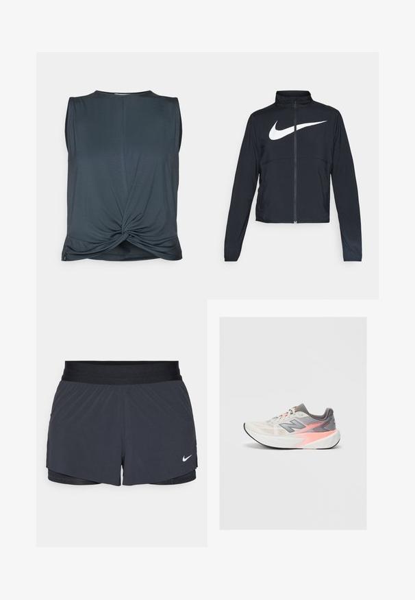 Juodas sportinis džemperis su visiškai užtraukiama užtrauktuku, aukšta apykakle, ilgomis rankovėmis ir dideliu baltu Nike swoosh logotipu per krūtinę.; Yogasearcher TWISTED - Viršus - forest; Juodos sportinės šortai su elastine talija, turintys sluoksniuotą dizainą ir mažą baltą Nike logotipą kairiajame apačioje. Lengvas audinys.; Šviesiai pilkos ir rožinės spalvos New Balance bėgimo bateliai su storu baltu padu ir juodu padu, šoninis vaizdas ant vientiso fono.
