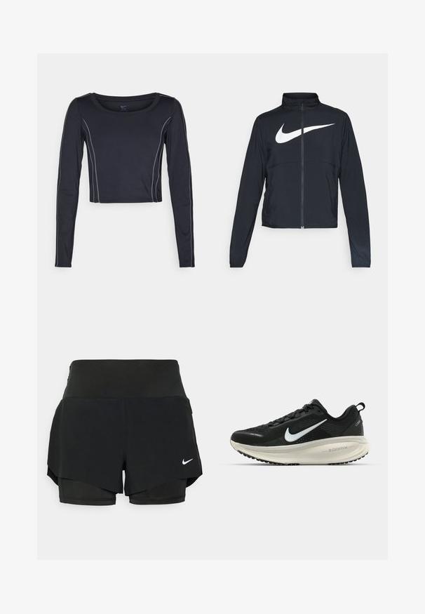 Schwarze Sportjacke mit vollem Reißverschluss, hohem Kragen, langen Ärmeln und großem weißen Nike-Swoosh-Logo auf der Brust.; Dunkelblaues, langärmliges, cropped Oberteil mit rundem Halsausschnitt. Verfügt über hellgraue Nähte entlang der Nähte. Hergestellt aus dehnbarem Stoff für zusätzlichen Komfort.; Schwarze Sportshorts mit einem geschichteten Design, bestehend aus einer inneren Shorts und einer äußeren Überlage, aus leichtem, dehnbarem Material.; Schwarzer Nike-Laufschuh mit atmungsaktivem Mesh-Obermaterial, weißem Swoosh-Logo, strukturierten Details und einer cremefarbenen ZoomX-Zwischensohle.