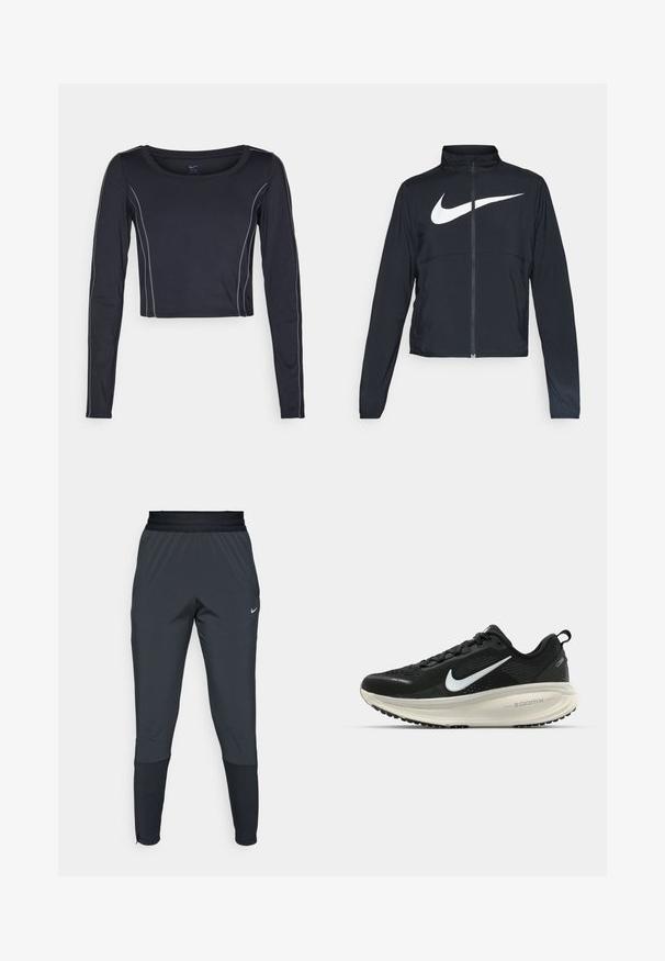 Schwarze Sportjacke mit vollem Reißverschluss, hohem Kragen, langen Ärmeln und großem weißen Nike-Swoosh-Logo auf der Brust.; Dunkelblaues, langärmliges, cropped Oberteil mit rundem Halsausschnitt. Verfügt über hellgraue Nähte entlang der Nähte. Hergestellt aus dehnbarem Stoff für zusätzlichen Komfort.; Dunkle graue Nike Sporthosen mit einem schmal zulaufenden Bein-Design, elastischem Bund und Akzentdetails in der Nähe der Bündchen.; Schwarzer Nike-Laufschuh mit atmungsaktivem Mesh-Obermaterial, weißem Swoosh-Logo, strukturierten Details und einer cremefarbenen ZoomX-Zwischensohle.