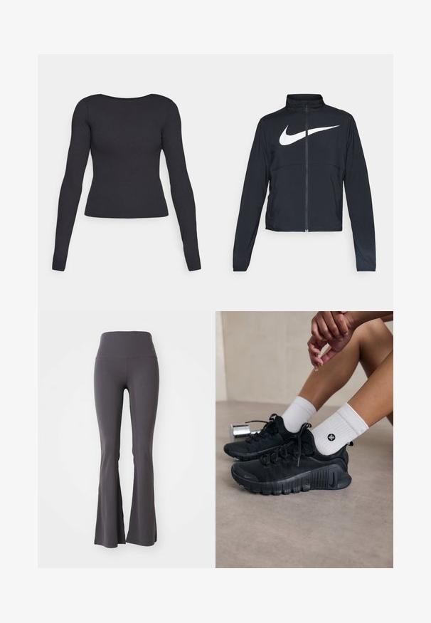 Musta urheilutakki, jossa on täysivetoketju, korkea kaulus, pitkät hihat ja suuri valkoinen Nike-tikkauksella rintaosa.; Musta pitkähihainen paita, jossa on tiukka muotoilu, pyöreä pääntie ja sileä rakenne. Ei näkyviä kuvioita tai metalliosia.; Harmaat leveälahkeiset joogahousut, jotka on valmistettu joustavasta kankaasta. Korkea vyötärö ja sileä pinta, joissa on tiivistetty muotoilu lahkeiden alaosaan saakka.; Mustat urheilukengät, joissa on teksturoitu kangas, nauhakiinnitys ja näyttävä pohja, yhdistettyinä valkoisiin ribbikuvioisiin sokkeihin, joissa on pieni logo.