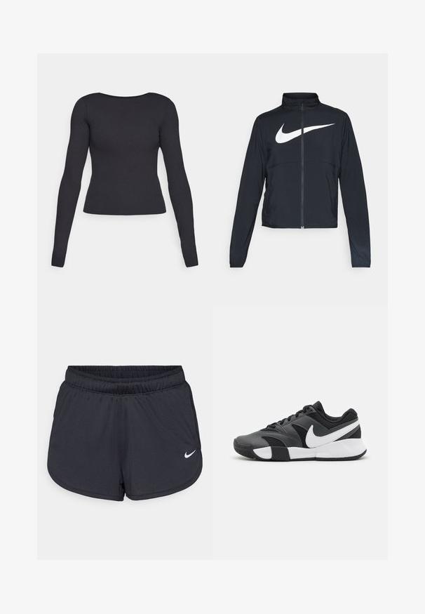 Juodas sportinis džemperis su visiškai užtraukiama užtrauktuku, aukšta apykakle, ilgomis rankovėmis ir dideliu baltu Nike swoosh logotipu per krūtinę.; Juodas ilgomis rankovėmis marškinėliai su prigludusia forma, apvaliu iškirpimu ir lygaus paviršiaus. Jokie matomi raštai ar priedai.; Juodos sportinės šortai, pagaminti iš lengvos, kvėpuojančios medžiagos. Turi elastingą juosmenį ir baltą Nike logotipą apatinėje dešinėje pusėje.; Juodos ir pilkos sportinės bateliai su tekstūruotu paviršiumi, turintys baltą Swoosh logotipą, tinklinį paviršių ir guminę padą su sukibimo dizainu.