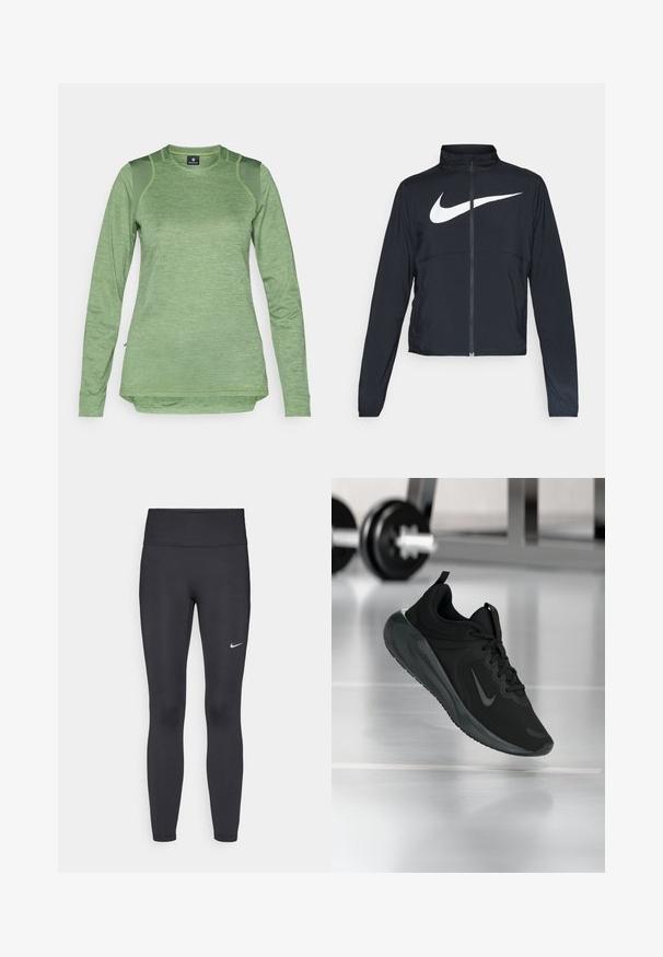 Czarna bluza sportowa na zamek błyskawiczny z wysokim kołnierzem, długimi rękawami i dużym białym logo Nike na klatce piersiowej.; Długozauerkowy koszulka sportowa w jasnym zielonym kolorze, wykonana z teksturowanej tkaniny z panelami siatkowymi na ramionach, z zaokrąglonym dołem i okrągłym dekoltem.; Czarne legginsy z elastycznego materiału, z wysokim pasem i białym logo Nike na lewym udzie. Gładka tekstura, dopasowany krój.; Czarny sportowy sneaker z logo Nike, pokazany w powietrzu na podłodze siłowni, z rozmytym regałem z hantlami w tle.