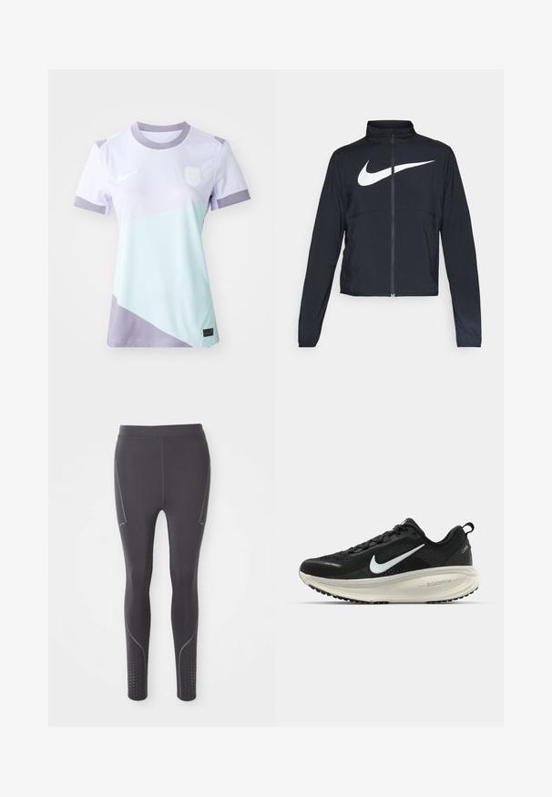 Jachetă sport neagră cu fermoar pe toată lungimea, guler înalt, mâneci lungi și un logo mare alb Nike swoosh pe piept.; Tricou Nike cu mâneci scurte, design colorat în tonuri de mov deschis și verde mentă, guler rotund și logo brodat.; Colanți sport negri, dintr-un material elastic, cu accente gri subtile, panouri laterale și modele perforate la glezne.; Pantofii de alergare negri de la Nike, cu parte superioară din plasă respirabilă, logo-ul alb Swoosh, detalii texturate și o talpă intermediară ZoomX de culoare crem.