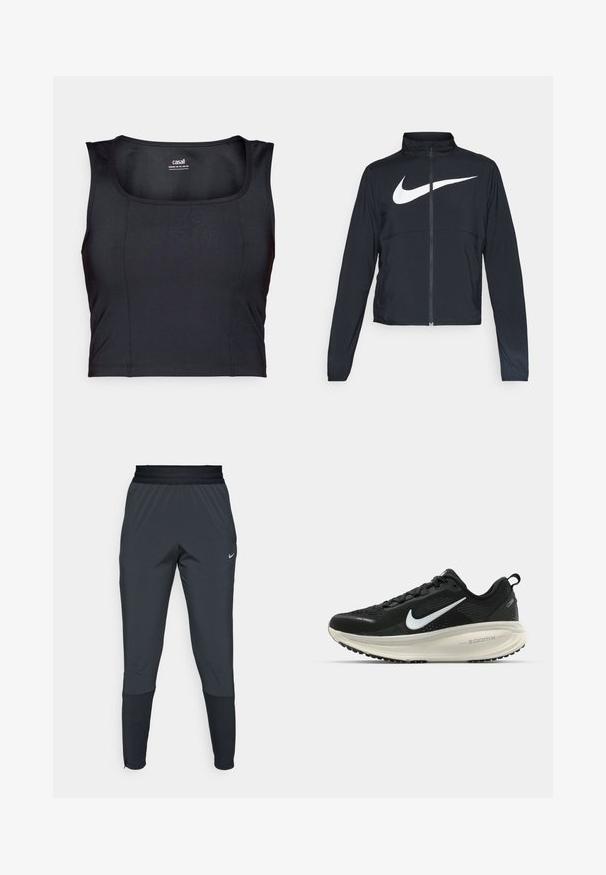 Black full-zip sports jacket with high collar, long sleeves, and large white Nike swoosh logo across the chest.; Black athletic crop top, made of smooth fabric, features a round neckline, sleeveless design, and subtle stitching details.; Nike athletic pants in dark gray, featuring a tapered leg design, elastic waistband, and accent details near the cuffs.; Black Nike running shoe with breathable mesh upper, white swoosh logo, textured detailing, and a cream-colored ZoomX midsole.
