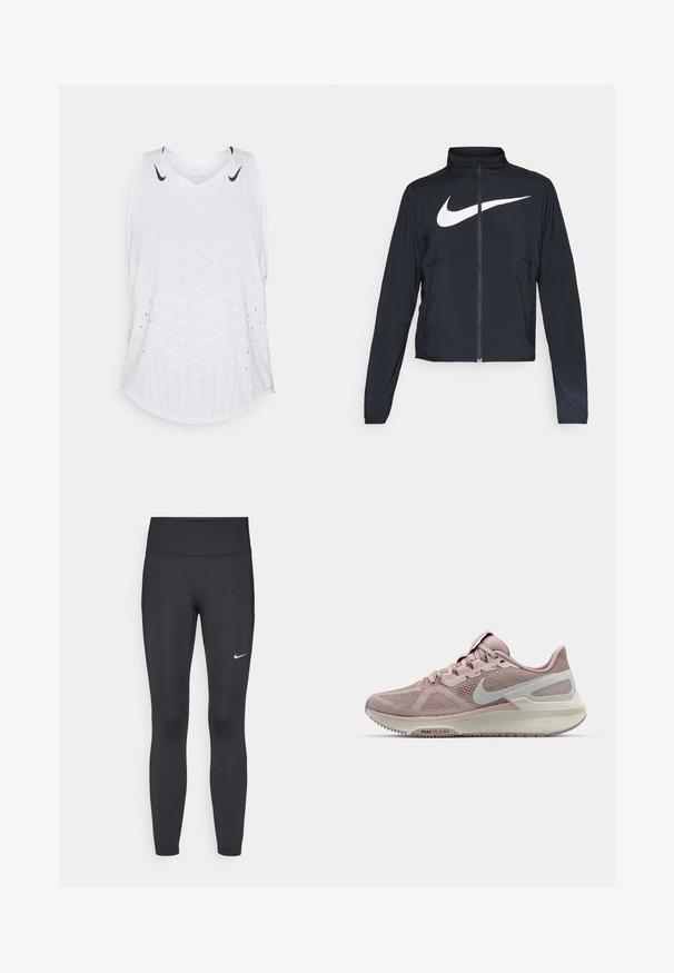 Černá sportovní bunda na zip s vysokým límcem, dlouhými rukávy a velkým bílým logem Nike swoosh přes prsa.; Bílý bezrukávový sportovní dres Nike s perforovanými ventilačními otvory a černými logy swoosh blízko ramen.; Černé legíny vyrobené z elastického materiálu, s vysokým pasem a bílým logem Nike na levém stehně. Hladká textura, přiléhavý střih.; Běžecká obuv Nike s síťovaným svrškem v světle růžové a šedé barvě, s polstrovanou podrážkou a zaobleným designem špičky. Akcentované logo swoosh.